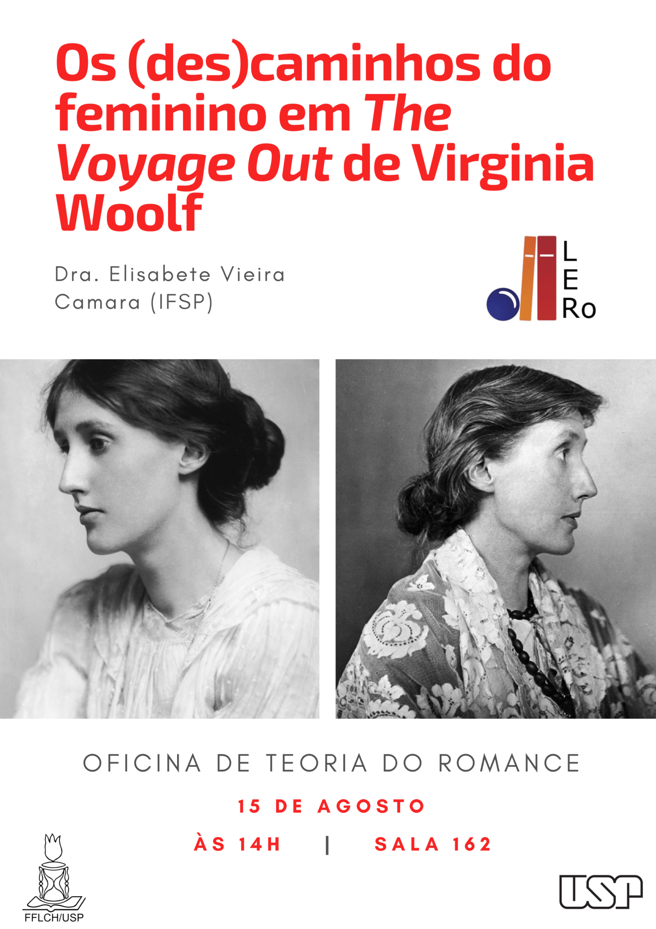 Cartaz da oficina "Os (des)caminhos do feminino em The Voyage Out de Virginia Woolf"